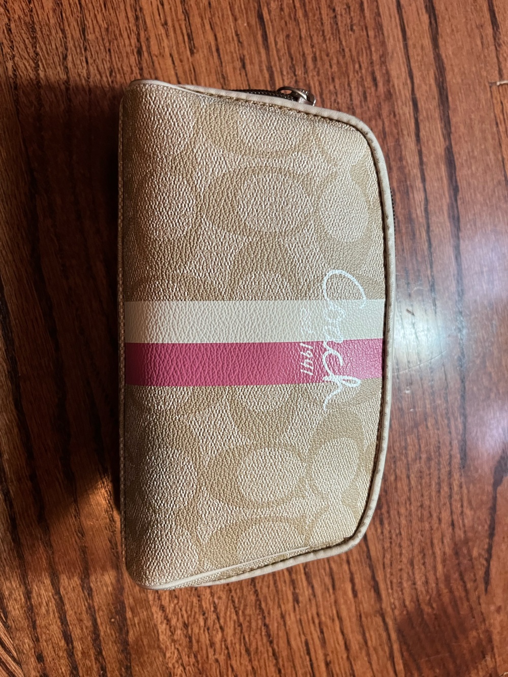 Coach Signature Monogram Cosmetic Bag Khaki Pink Stripe